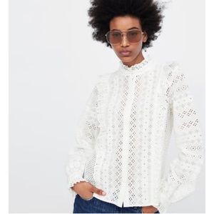 ZARA White Cotton Eyelet Ruffled Long Sleeve Tops